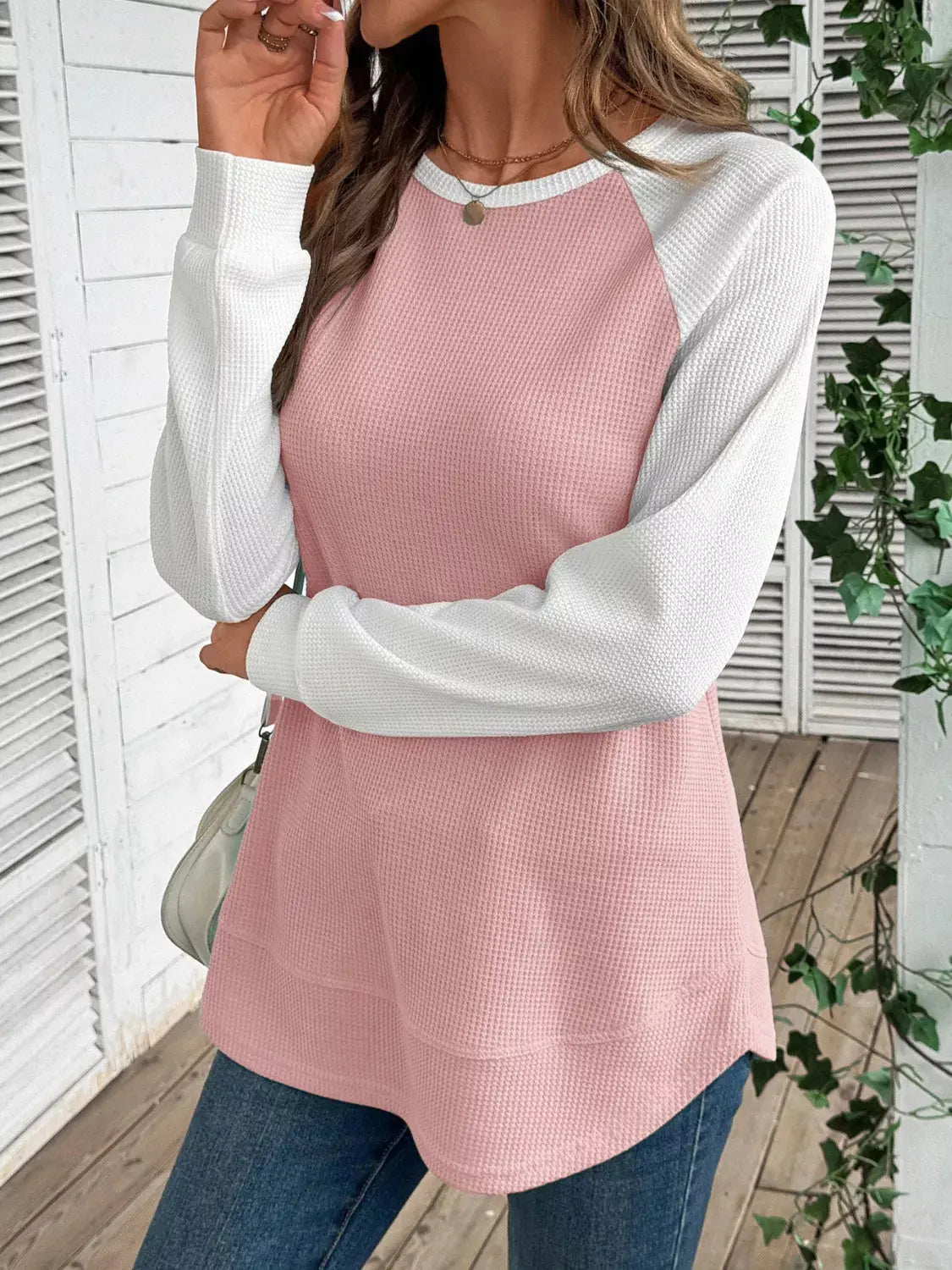 Waffle Knit Raglan Sleeve T-Shirt Simply Love