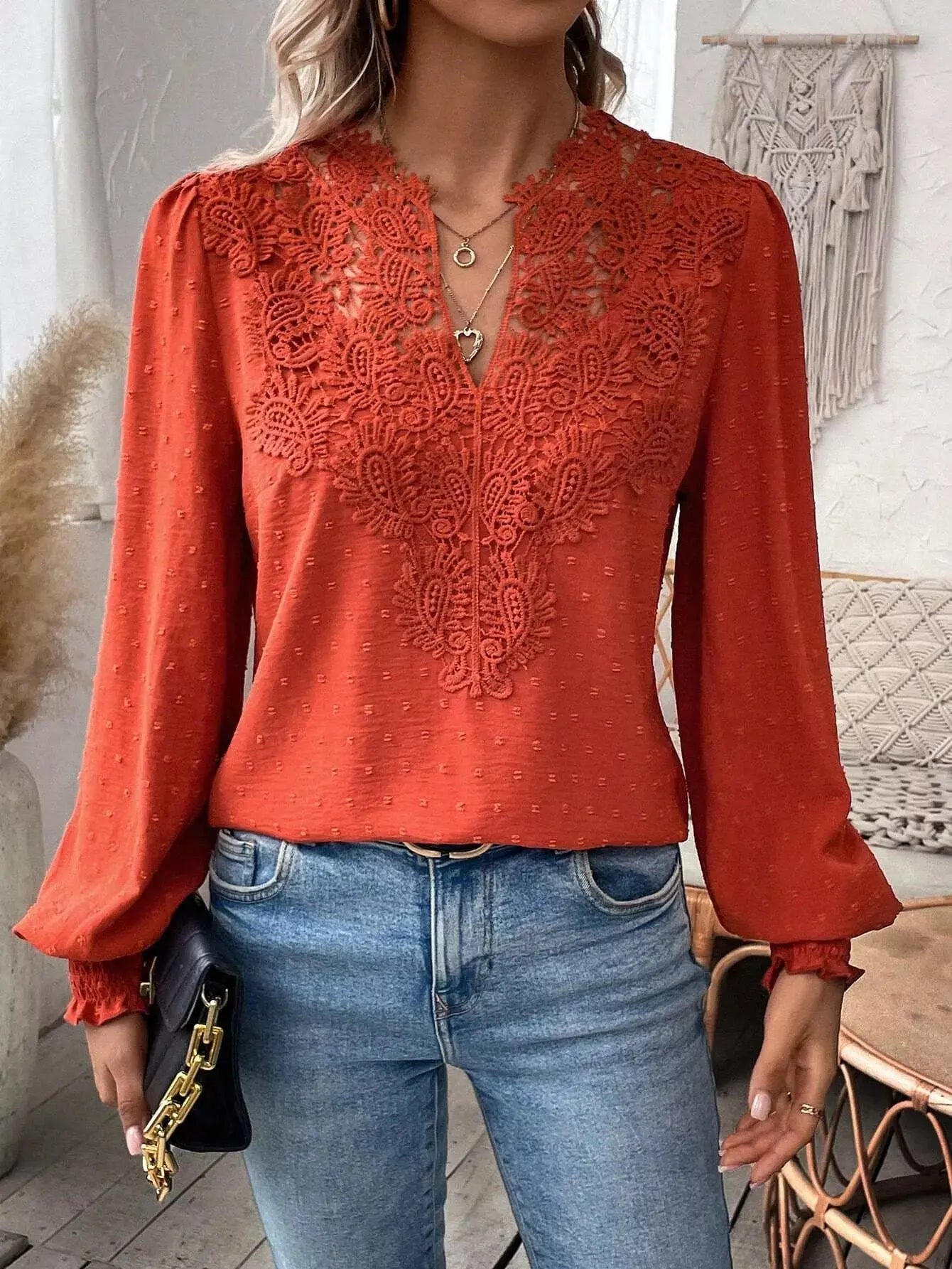 Lace Trim Long Sleeve Blouse Simply Love