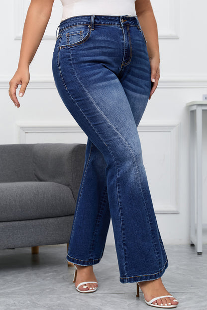 Vintage-inspired dark blue plus size washed flare jeans