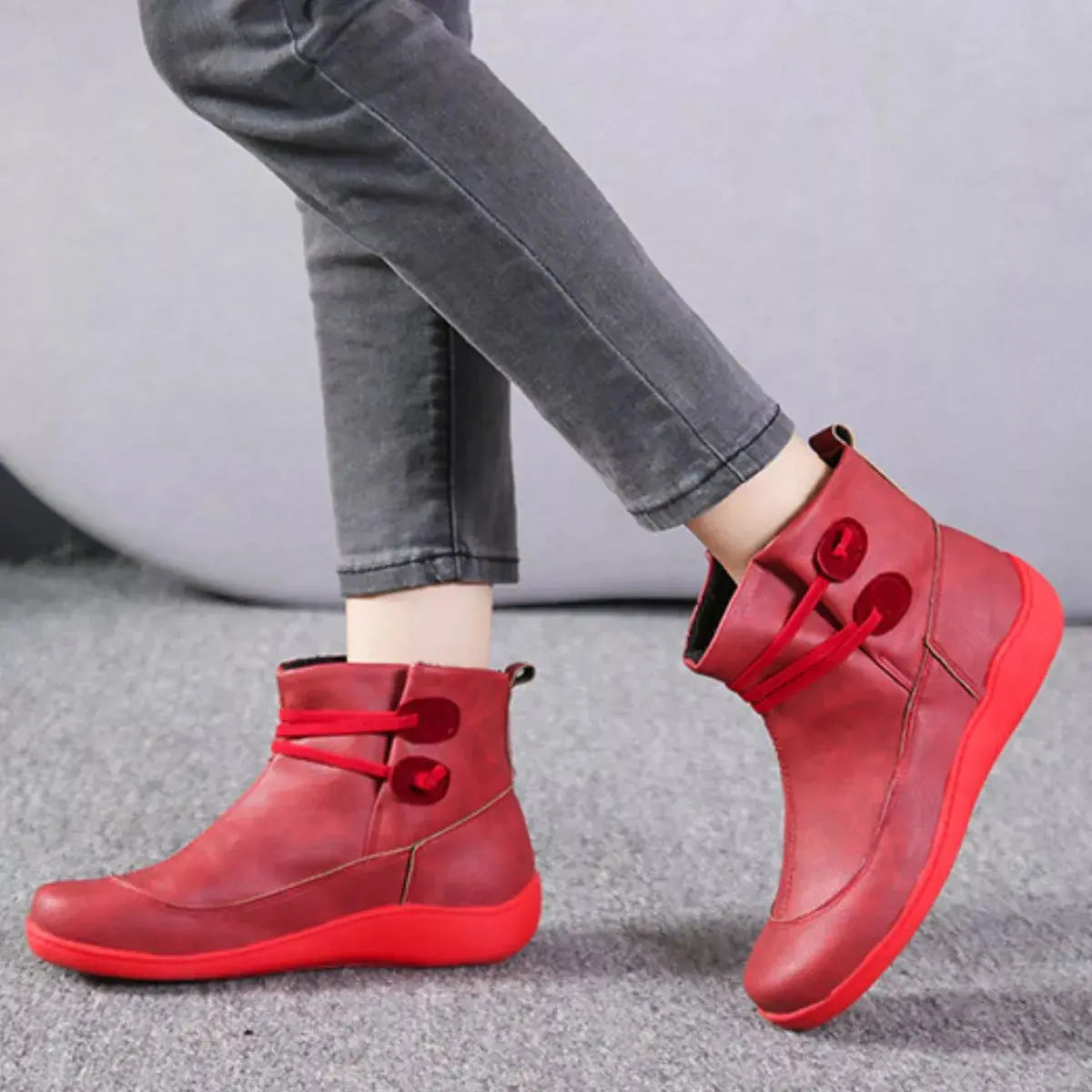 Women Button Detail Ankle Boots PU Leather Flat Heel Rubber Sole Simply Love