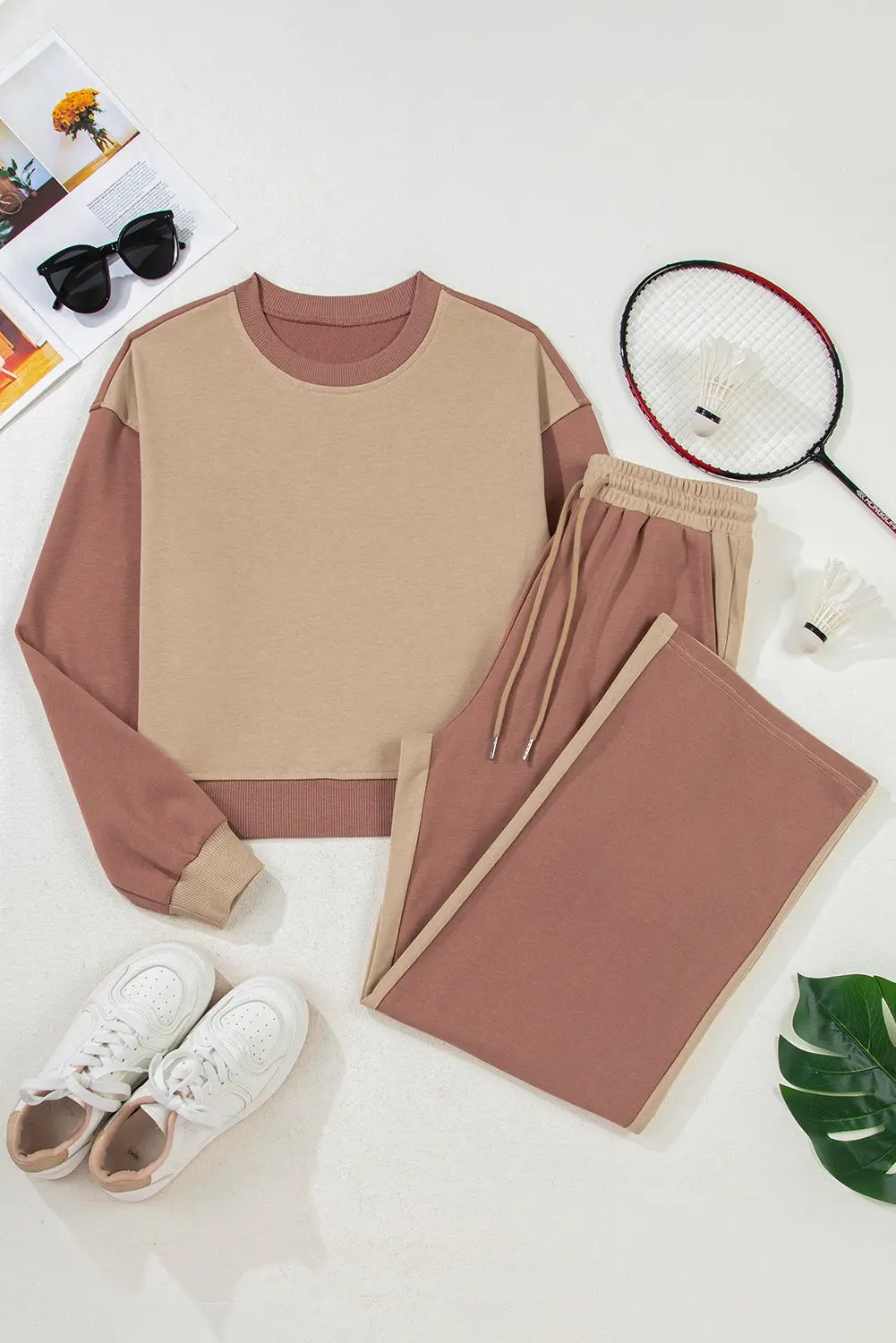 Premium Khaki Color Block Long Sleeve Crop Top Drawstring Pants Set Dear-Lover Dropshipping