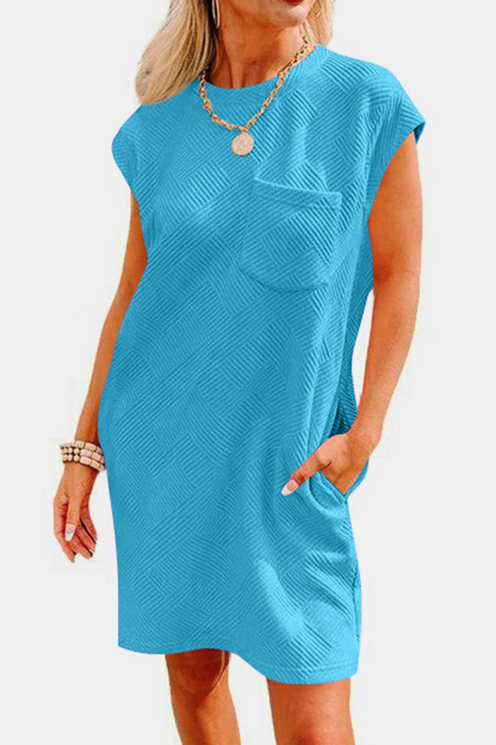 Textured Round Neck Cap Sleeve Dress.