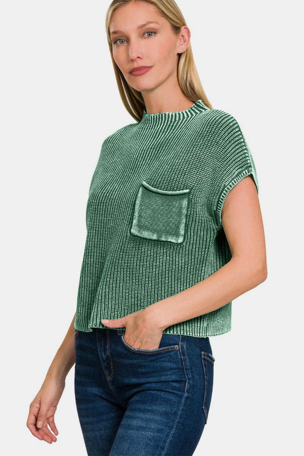 Zenana Washed Mock Neck Short Sleeve Cropped Sweater.