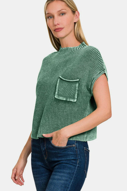 Zenana Washed Mock Neck Short Sleeve Cropped Sweater.