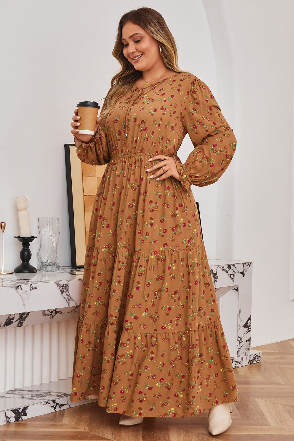 Brown Plus Size Floral Split V Neck Ruffled Sleeve Tiered Maxi Dress Dear-Lover Dropshipping