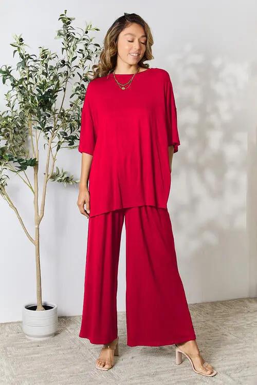 Double Take Full Size Round Neck Slit Top and Pants Set - Love Salve