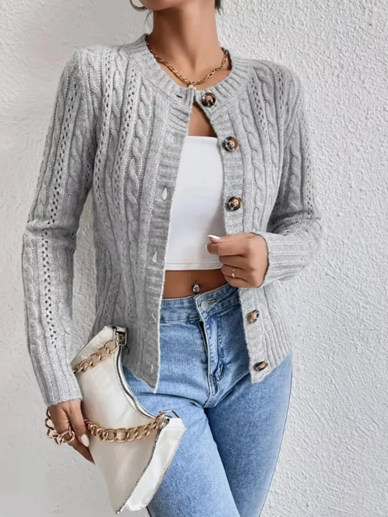 Cable Knit Button-Up Cardigan Simply Love