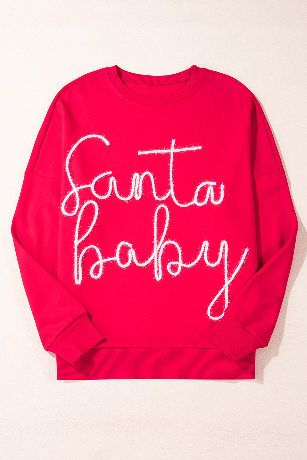 Festive red Santa baby tinsel graphic cozy sweatshirt