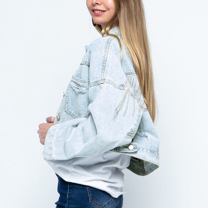 Cropped Collared Neck Dropped Shoulder Denim Jacket.