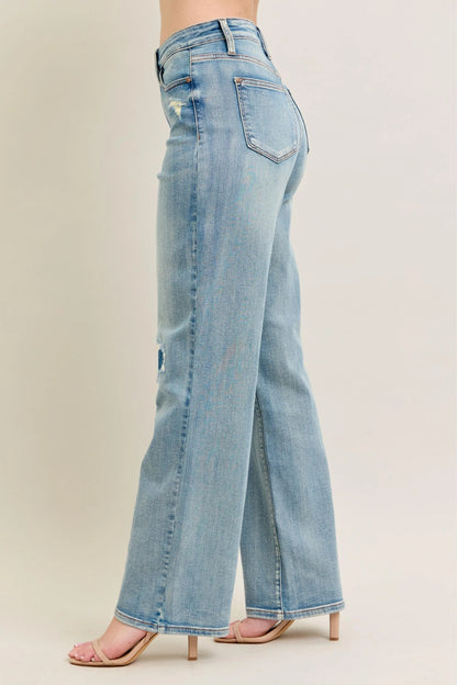 Judy Blue Plus Size High Rise Destroyed Knee Patch Straight Jeans - Love Salve 