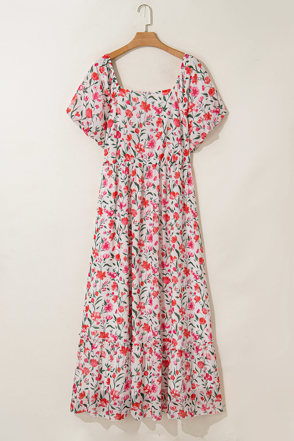 Pink Plus Size Floral Square Neck Puff Sleeve Maxi Dress With Ruffles Dear-Lover Dropshipping