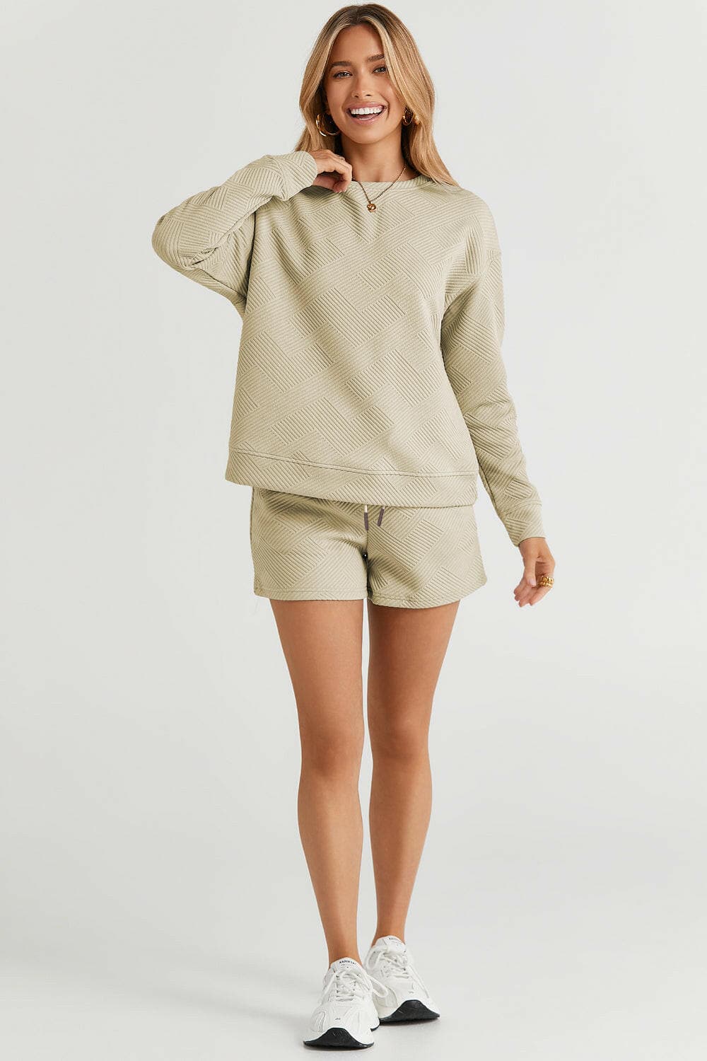 Double Take Full Size Texture Long Sleeve Top and Drawstring Shorts SeElevate Your Loungewear with Our Double Take Set
 Step into comfort and style with the Double Take Full Size Texture Long Sleeve Top and Drawstring Shorts Set. This Love Salve Full Size Texture Long Sleeve Topusa