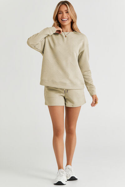 Double Take Full Size Texture Long Sleeve Top and Drawstring Shorts Set - Love Salve