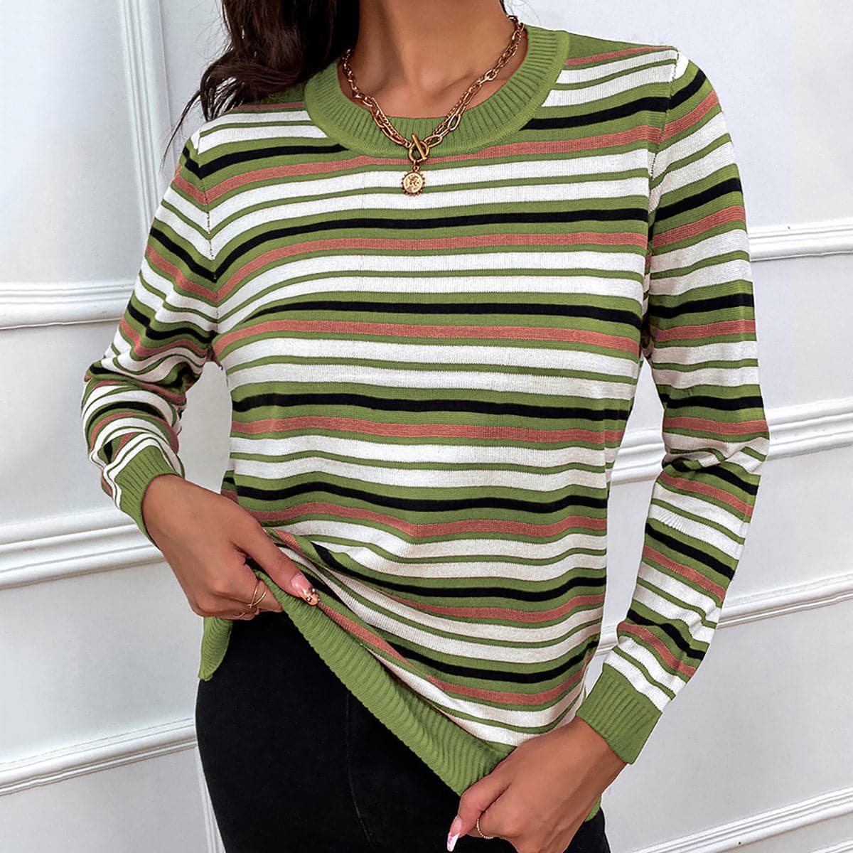 Striped Round Neck Long Sleeve Sweater.