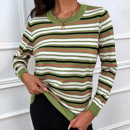 Striped Round Neck Long Sleeve Sweater.