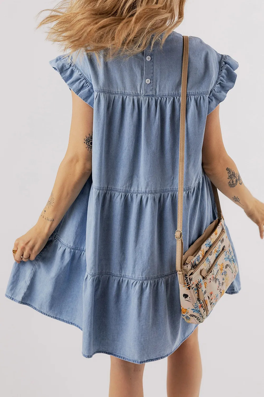 Ruffle Cap Sleeve Tiered A-line Denim Dress