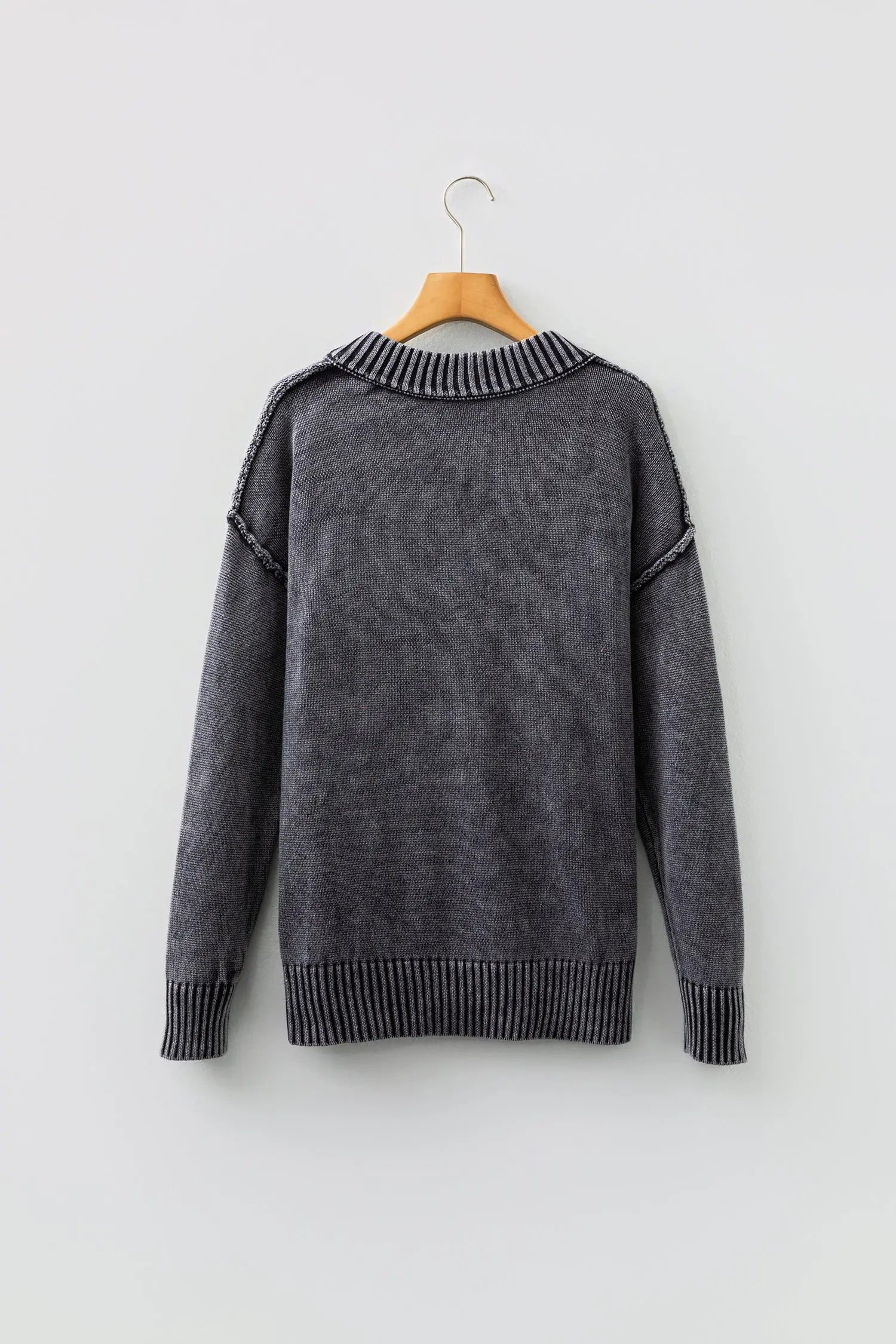 Black Mineral Wash V Neck Knit Sweater Exposed Seams And Drop Shoulder Loose Dear-Lover Dropshipping
