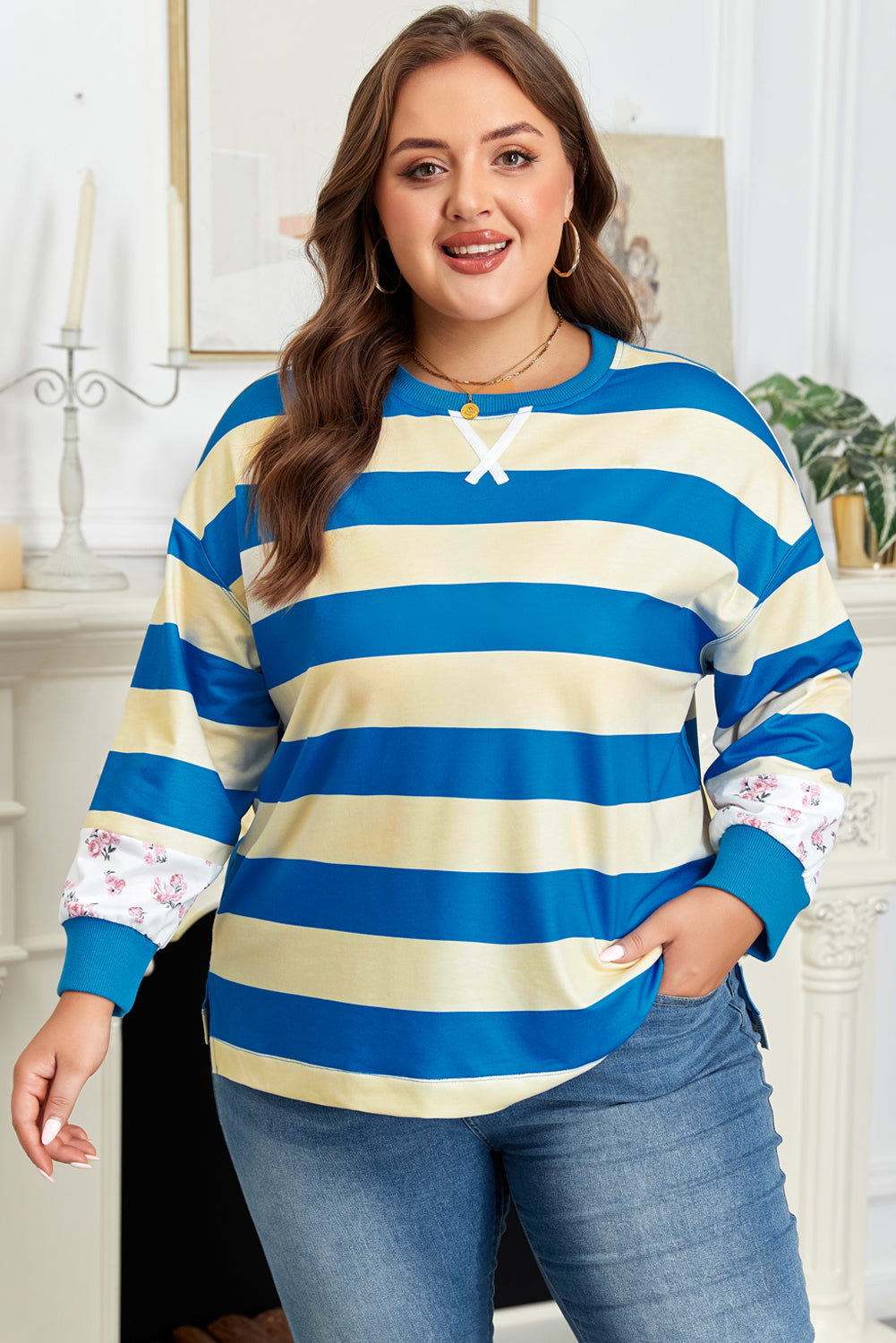 Blue Stripe Floral Color Block Drop Shoulder Plus Size Top