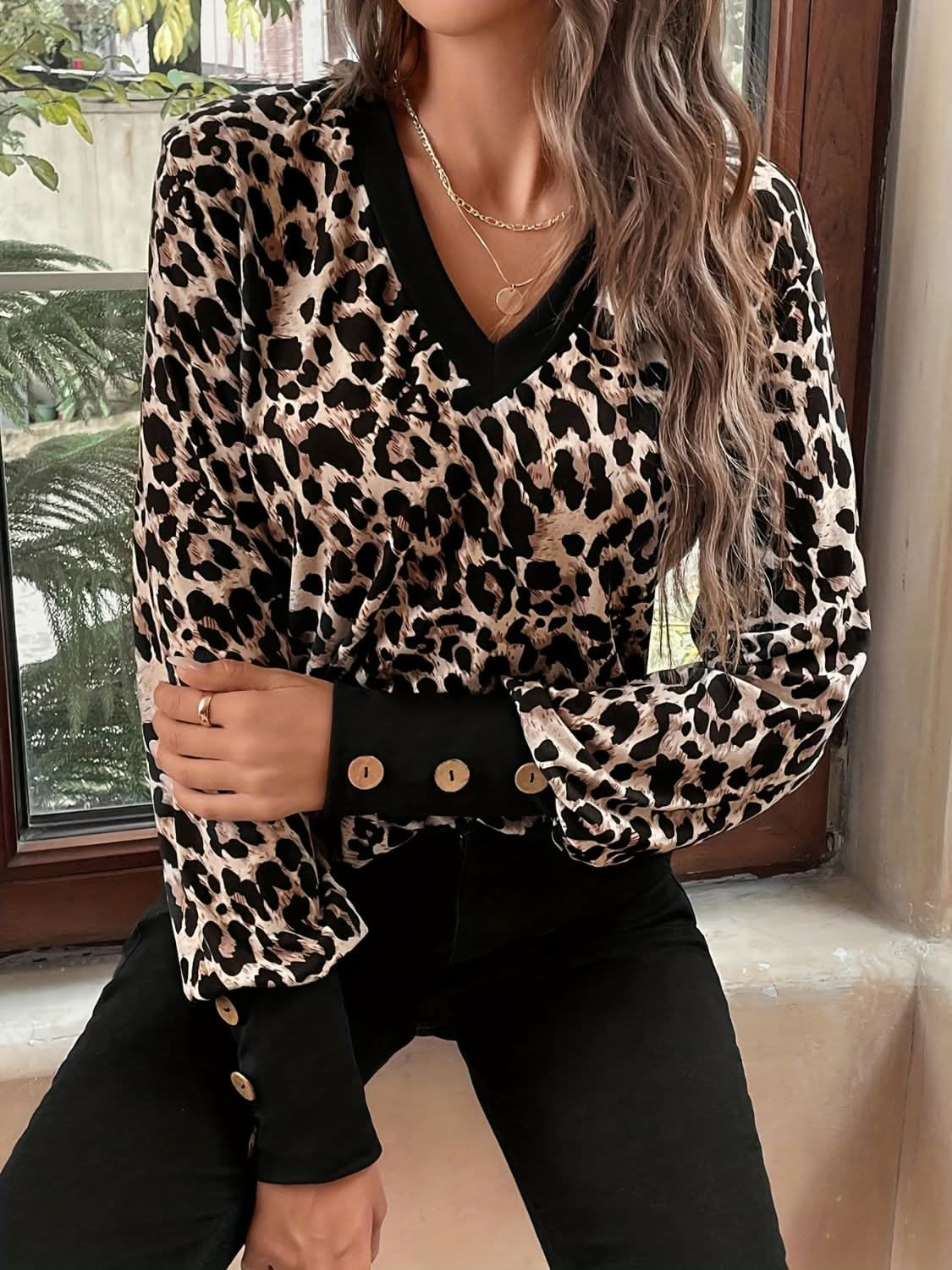 Decorative Button Leopard V-Neck Long Sleeve T-Shirt