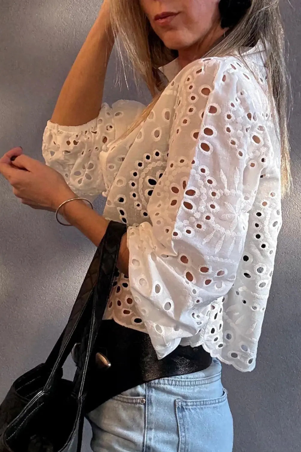 White Eyelet Embroidered Puff Sleeve Cropped Shirt For Women Dear-Lover Dropshipping