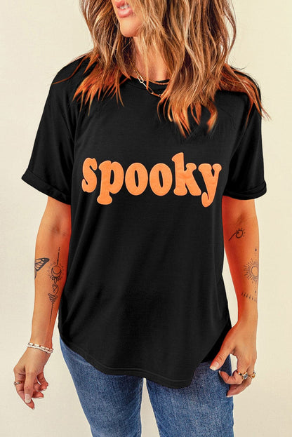 SPOOKY Round Neck Short Sleeve T-Shirt.