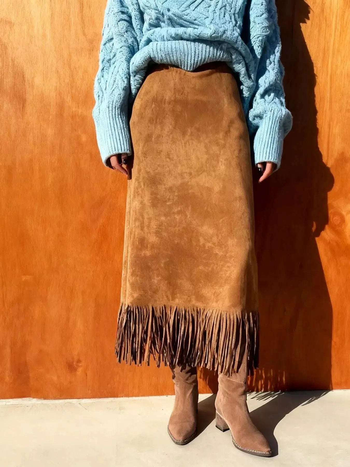 Suede Fringe Midi Skirt Simply Love