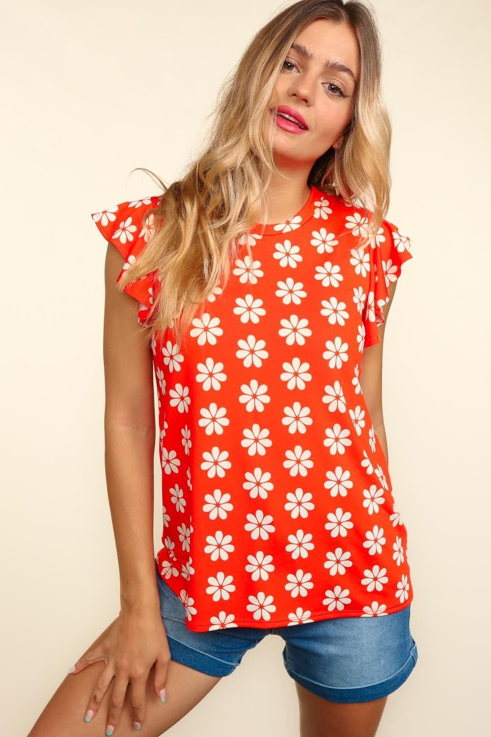 Haptics Round Neck Ruffled Floral Contrast Knit Top.