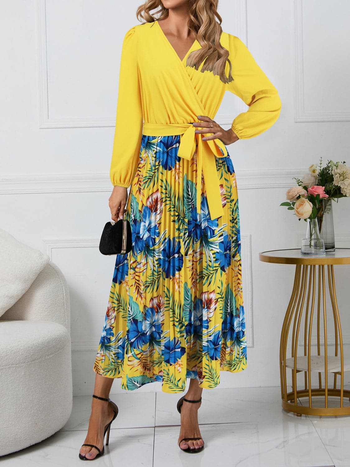 Pleated Printed Surplice Long Sleeve Dress.