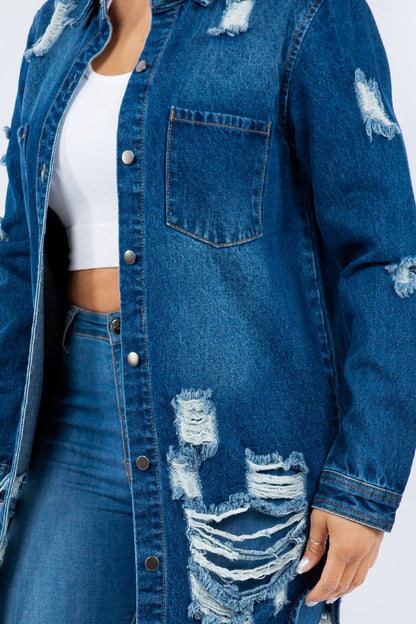 Distressed denim jacket with button-up front and long sleeves