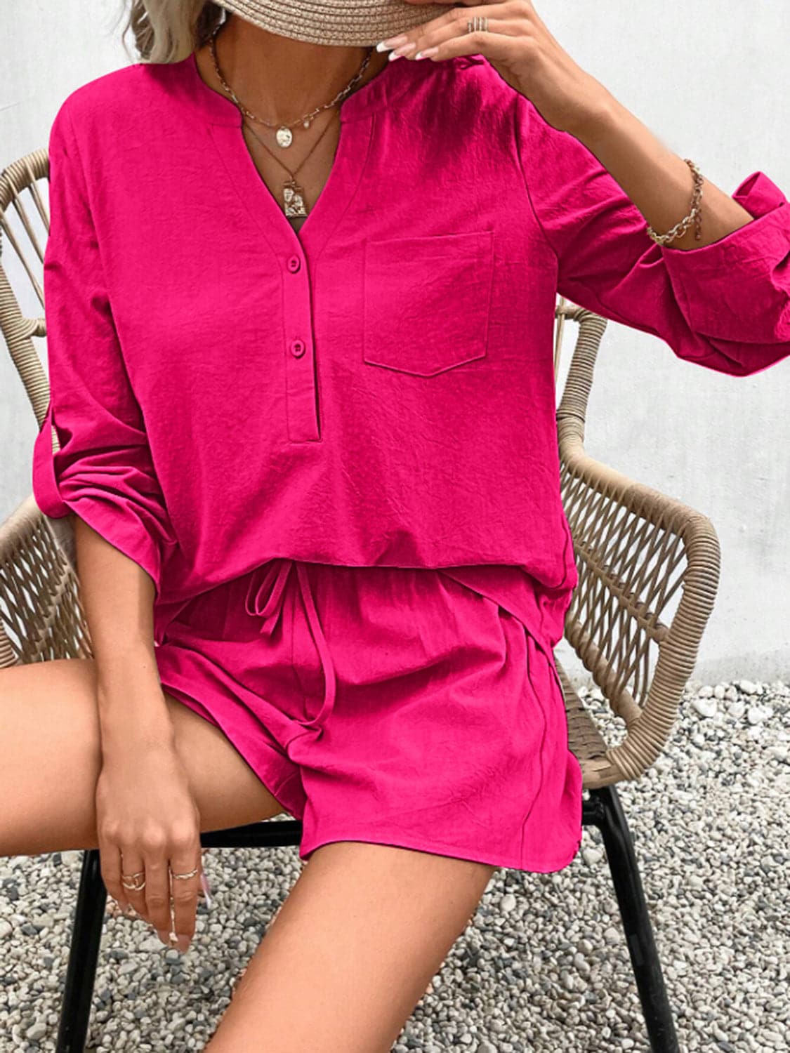 Notched Long Sleeve Top and Shorts Set.