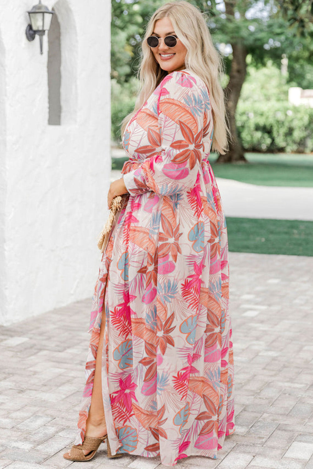 Tropical palm print plus size maxi dress with tie waist and slit