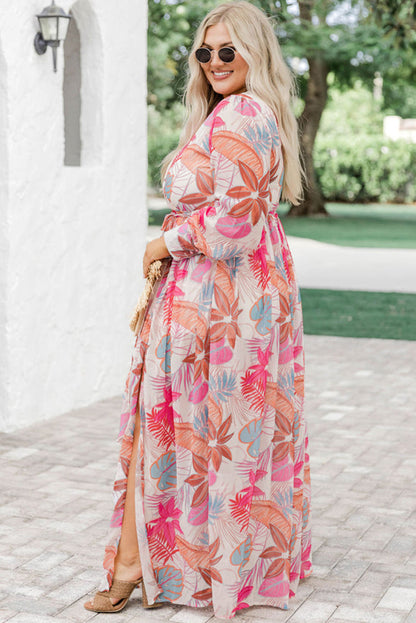 Tropical palm print plus size maxi dress with tie waist and slit