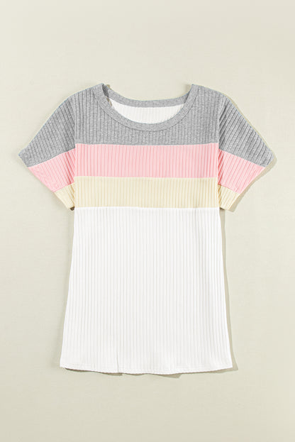 Chic white ribbed color block tee with patchwork design