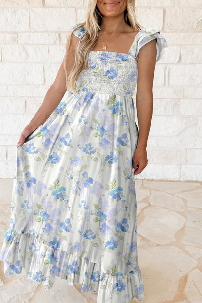 Sky Blue Floral Smocked High Waist Ruffle Sleeveless Dress