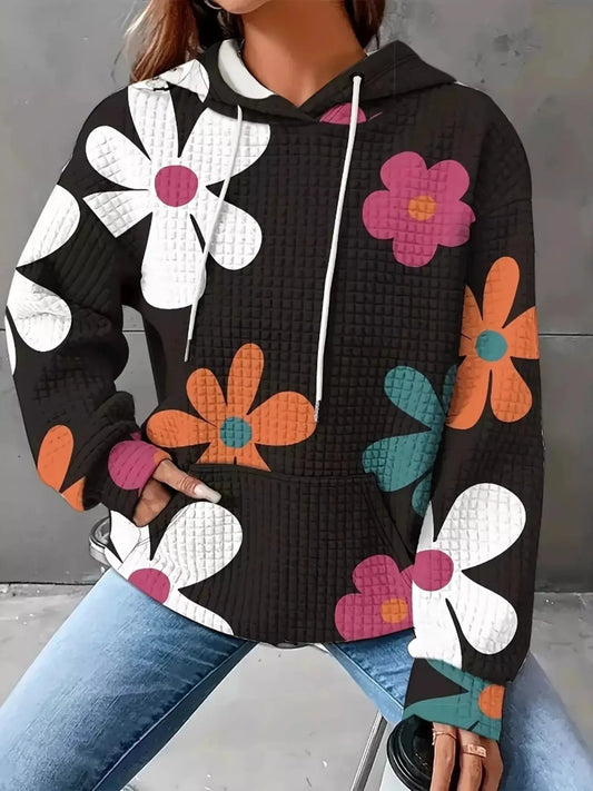 Floral Print Textured Drawstring Hoodie Simply Love