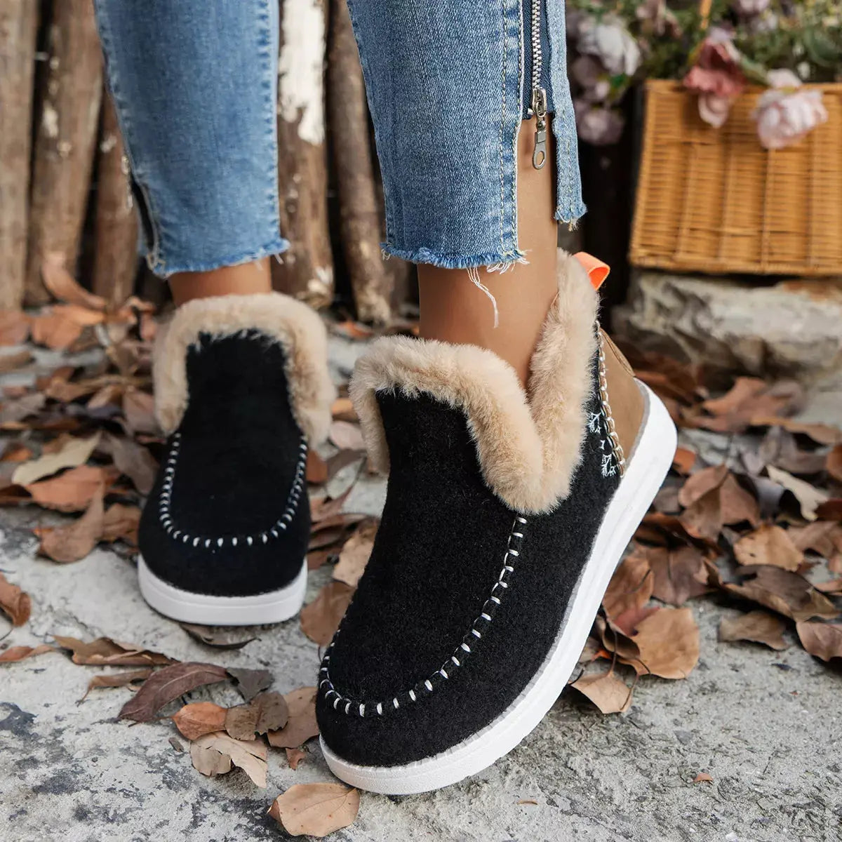 Cozy Fur Trimmed Slip Ons Suede And Rubber Flats Warm Winter Shoes Simply Love
