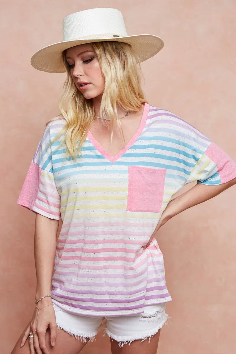 BiBi Rainbow Stripe Printed Triblend Knit Top - Love Salve 