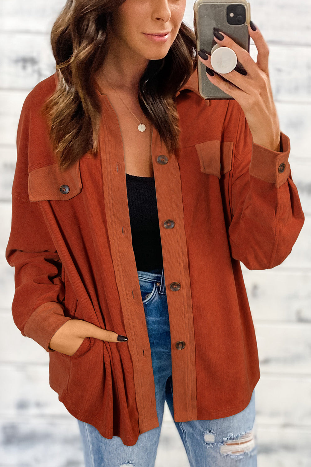 Gold Flame Velvet Flap Pockets Drop Shoulder Casual Shacket For Everyday Wear Versatile Layering Piece For Cool Weather Dear-Lover Dropshipping