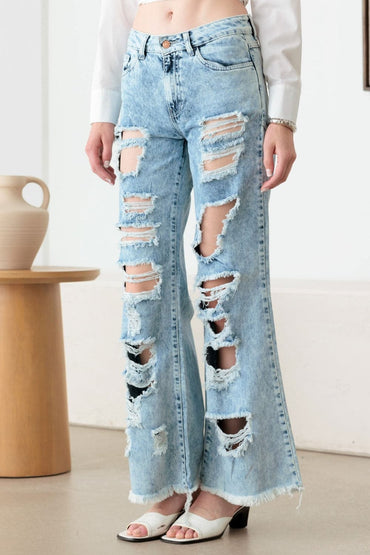 Litz La Distressed Frayed Hem Flare Jeans.