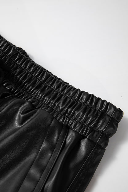 Chic black faux leather joggers with smocked waist and drawstring detail