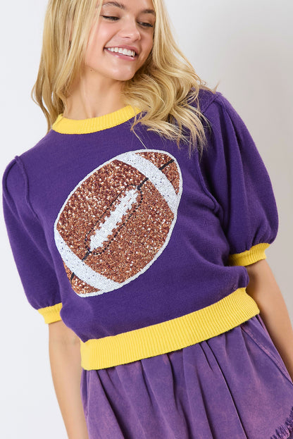 Glamorous purple sequin color block puff sleeve sweater