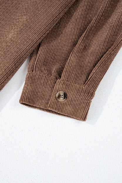 Cozy chestnut corduroy button-up shacket with flap pockets