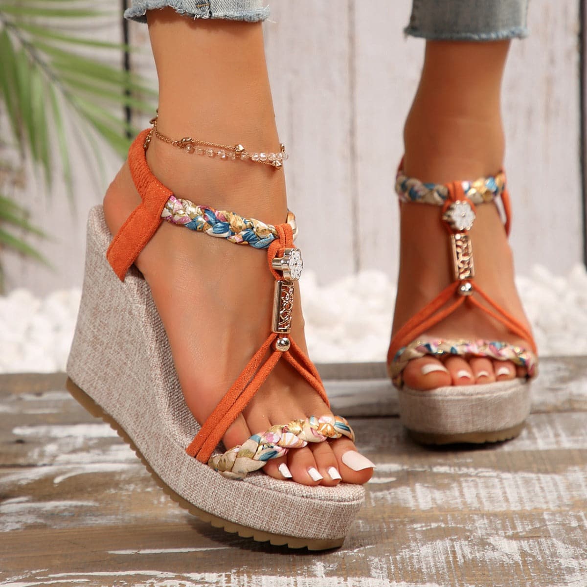 Braided Strap Wedge Sandals.