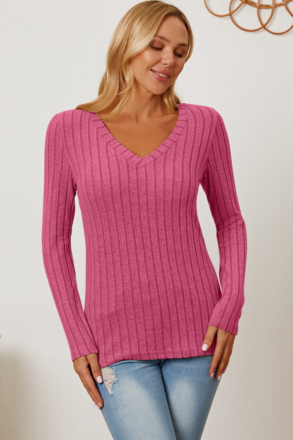 Versatile ribbed v-neck long sleeve tee for every occasion