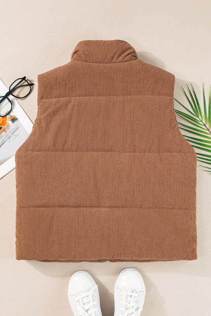 Cozy coffee corduroy puffer vest with stand neck and zipper closure