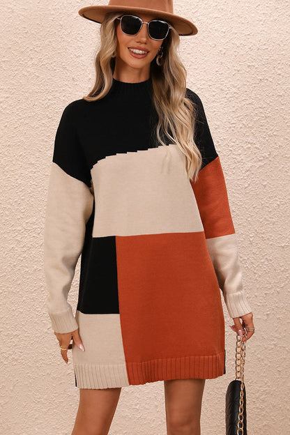 Color Block Mock Neck Dropped Shoulder Sweater Dress.