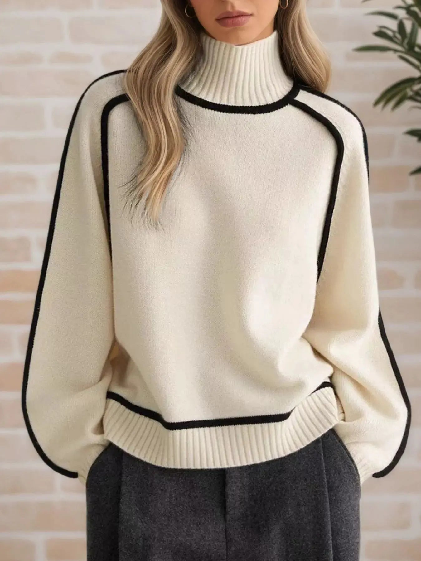 Cream Contrast Trim Turtleneck Sweater With Black Piping Simply Love