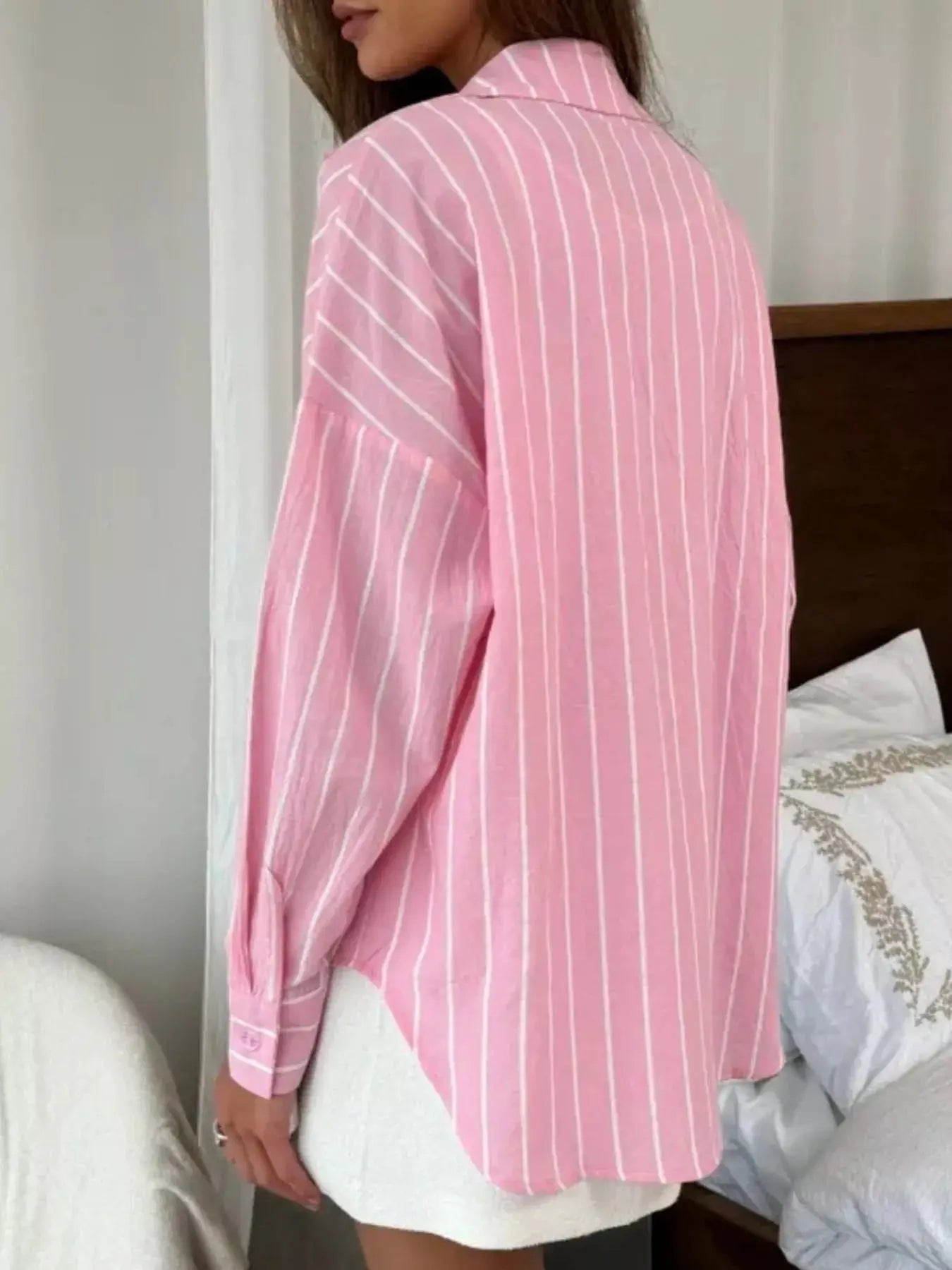 Button Down Striped Collared Neck Long Sleeve Shirt Simply Love