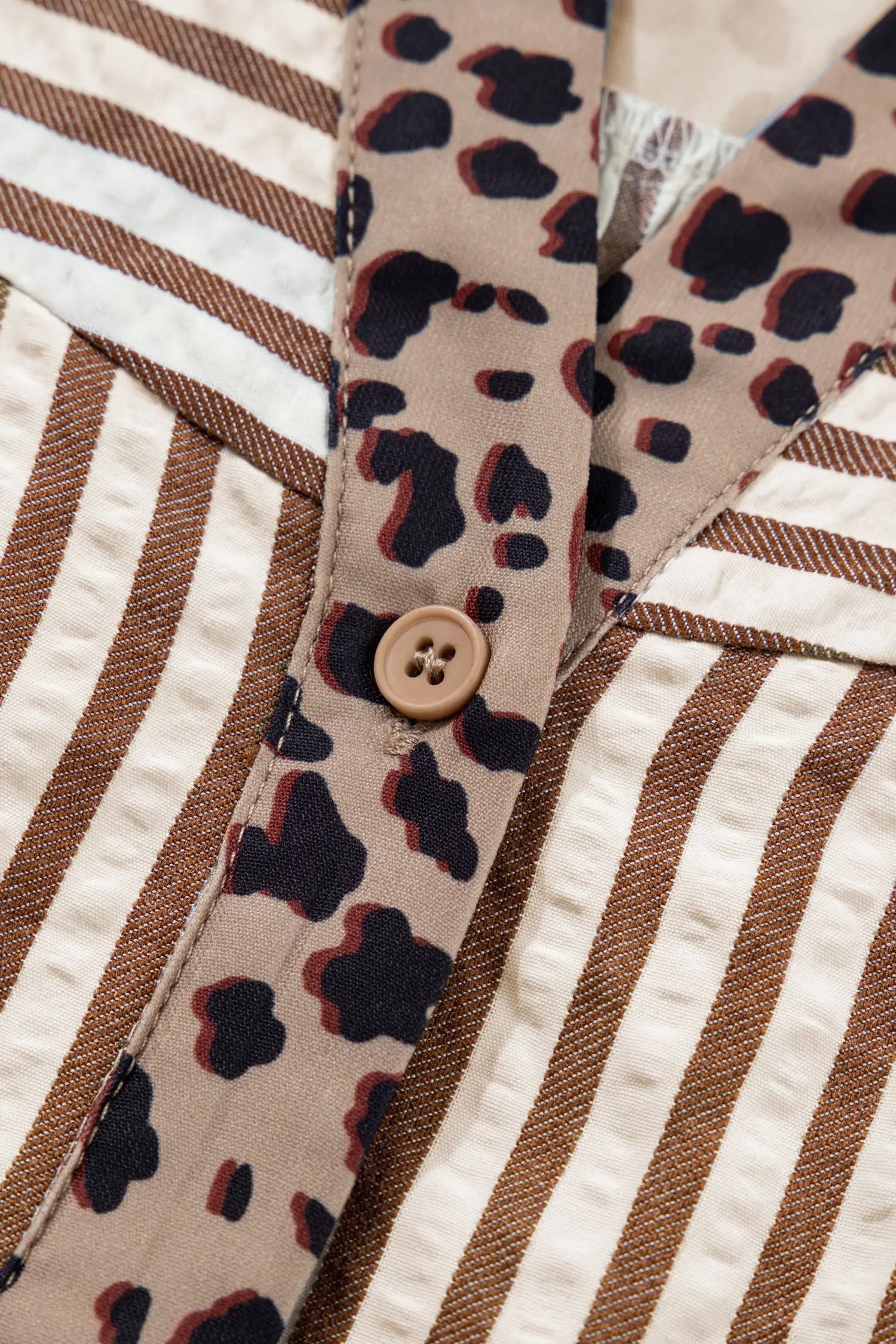 Brown Stripe Leopard Trim V Neck Button Down Half Sleeve Shirt Dear-Lover Dropshipping