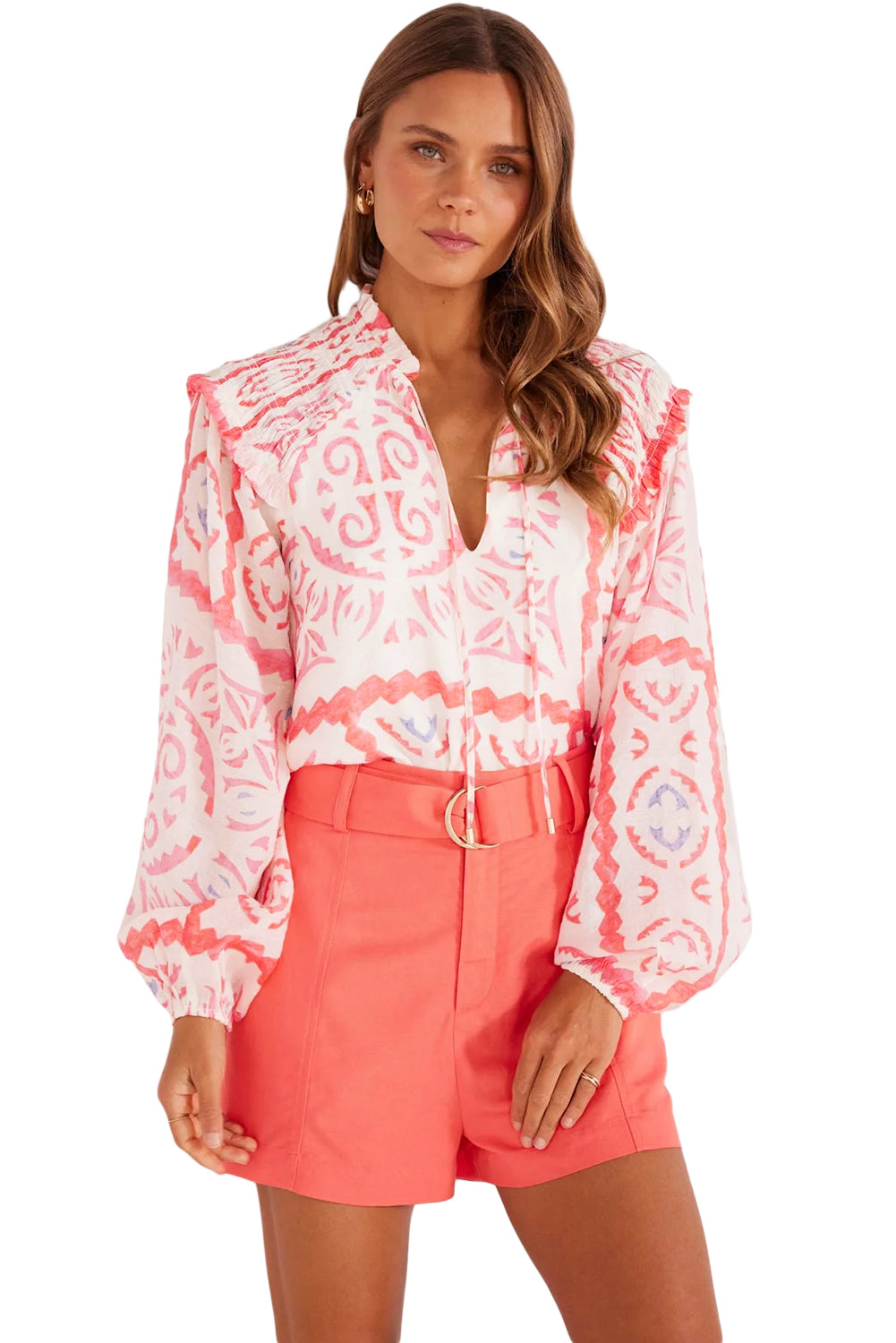 Desert Flower Vintage Print Smocked Poet Collar Blouse